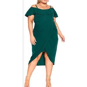 City Chic DRESS 14 / 14W Holiday Green Teal Sexy Shoulder Flounce Neck Tulip Hem